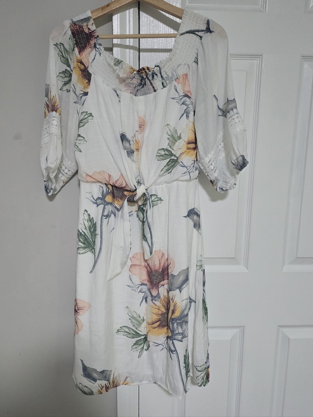 Luxology White Floral Midi Dress with Pink and Yellow Blooms